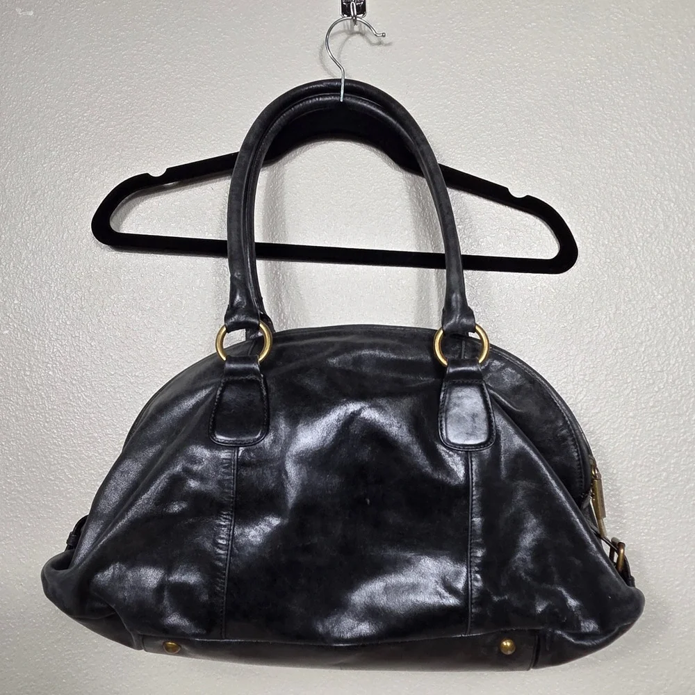 HOBO International Black Leather Satchel Handbag Brass Hardware